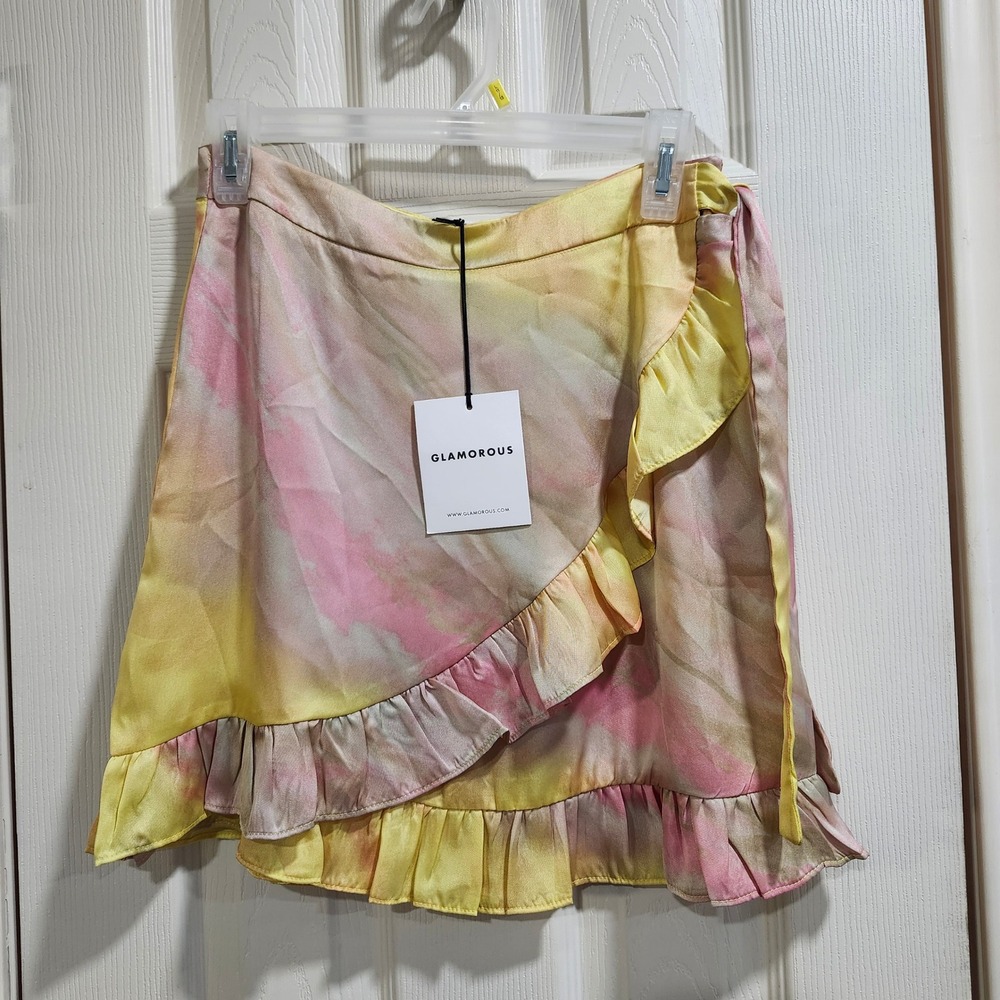 Glamorous Pink Yellow Tie Dye Ruffle Wrap Mini Skirt Size 6 New With‎ Tags